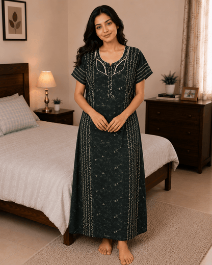 Dark Green Quilt Gold Embroidery Pattern Nighty for Women XL Onezeros.in