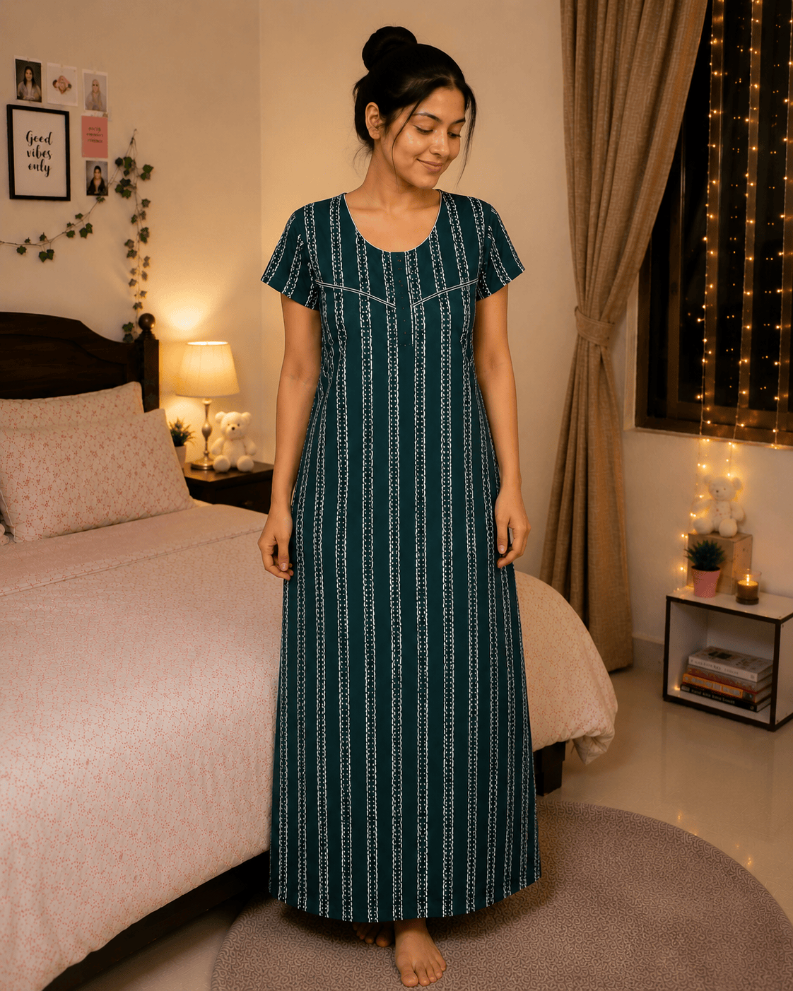 Dark Green Stripe Dreamscape Nighty for Women 2XL Onezeros.in