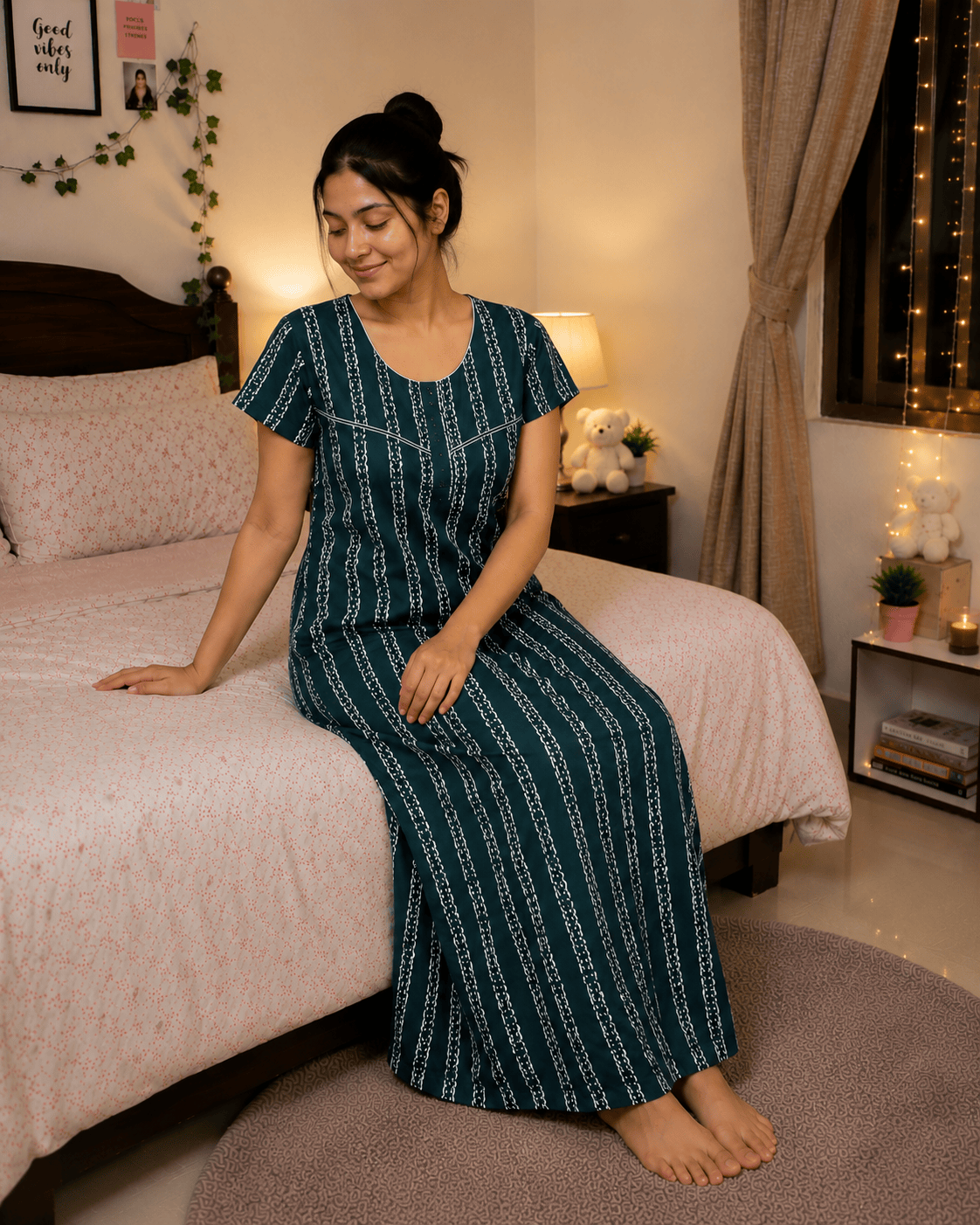Dark Green Stripe Dreamscape Nighty for Women 2XL Onezeros.in
