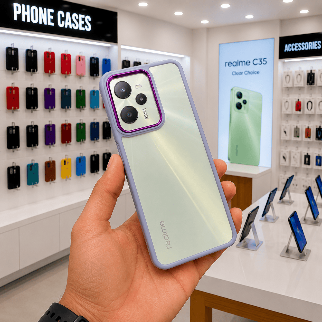 Electroplating Camera Frame Cell Phone Case for Realme C35 Back Cover Cyan Onezeros.in