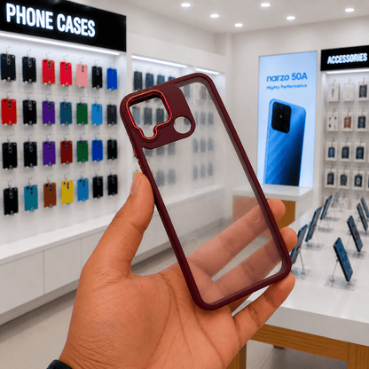 Electroplating Camera Frame Cell Phone Case for Realme Narzo 50A Back Cover Maroon Onezeros.in