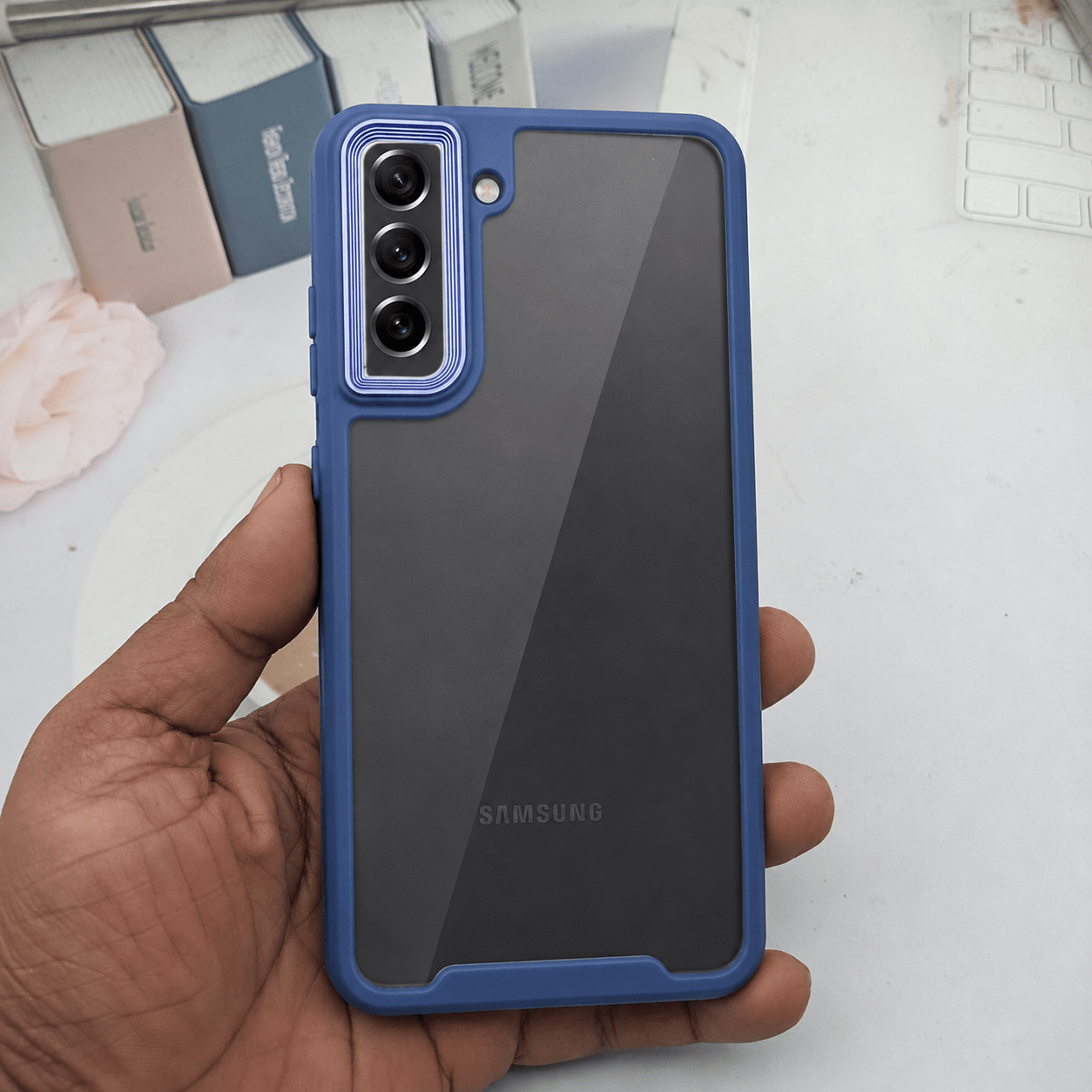 Electroplating Camera Frame Cell Phone Case for Samsung Galaxy S21 FE 5G Back Cover Blue Onezeros.in