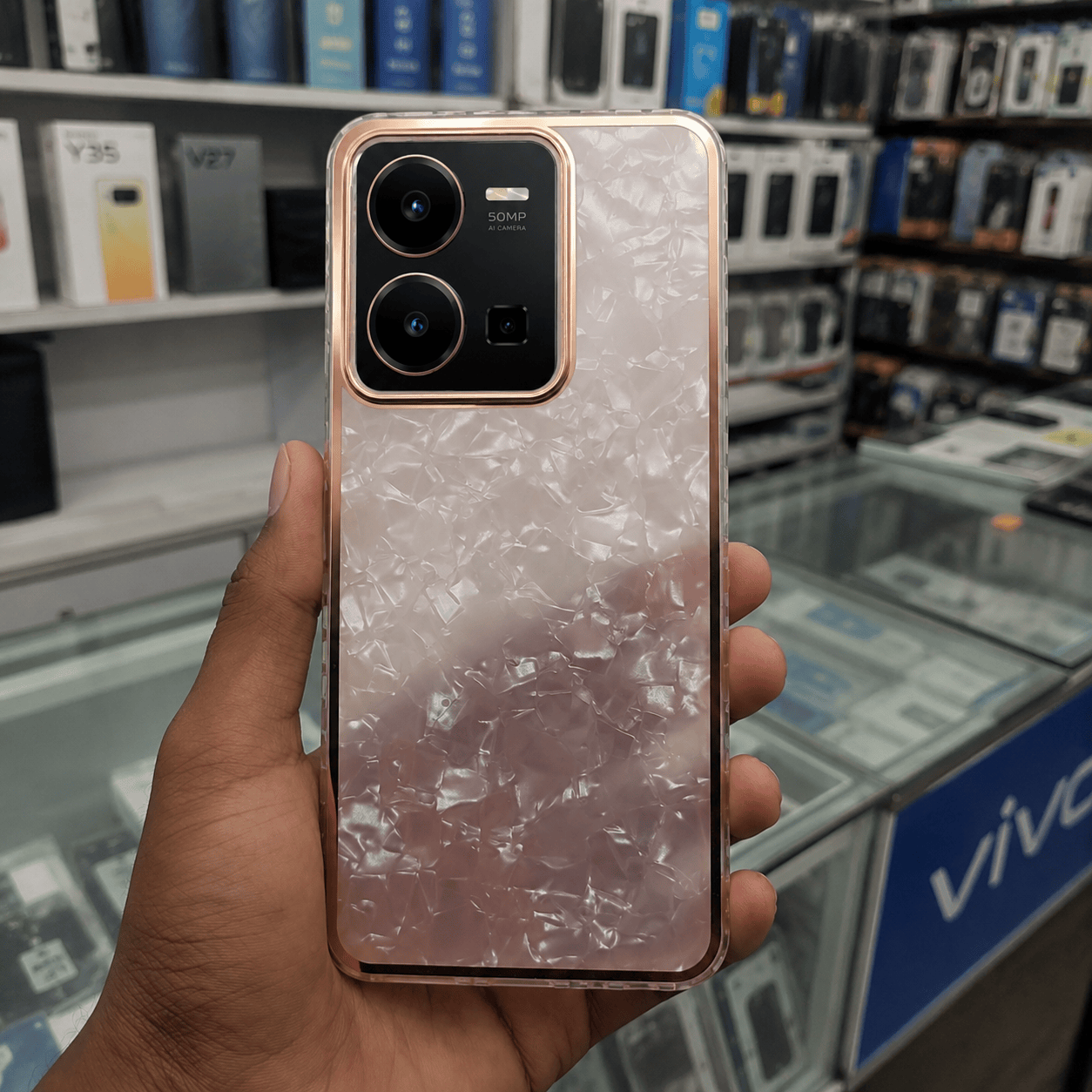 Marble Pattern Back Cover For Vivo Y35 Phone Case With Pop Up Holder Pink Onezeros.in