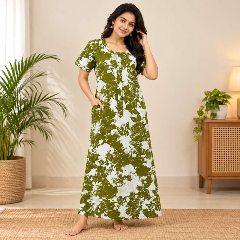 Mathan olive green and white floral printed cotton nighty for women with front zip and one side pocket
