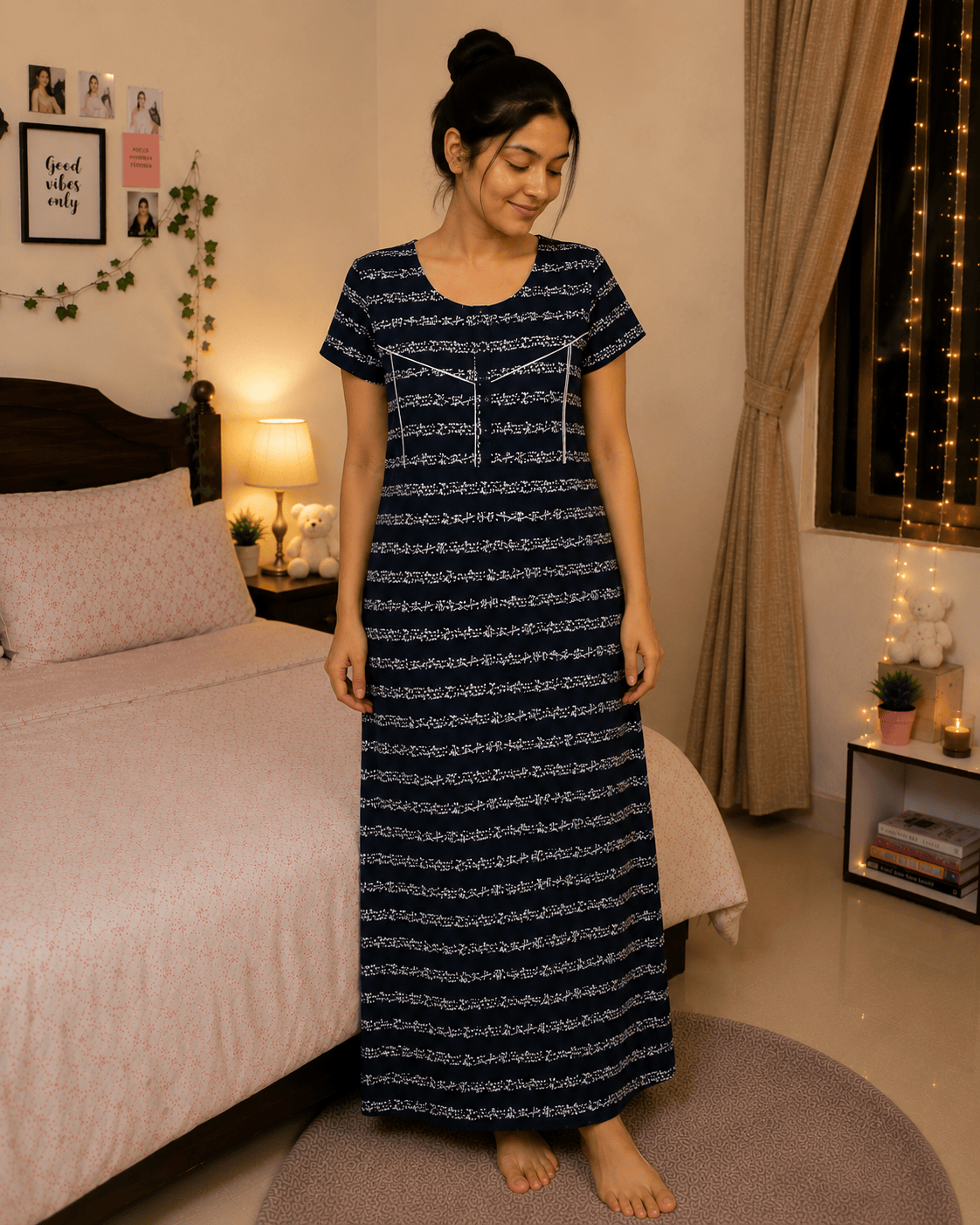 Navy Blue Floral Stripe Dreamscape Nighty for Women 2XL Onezeros.in