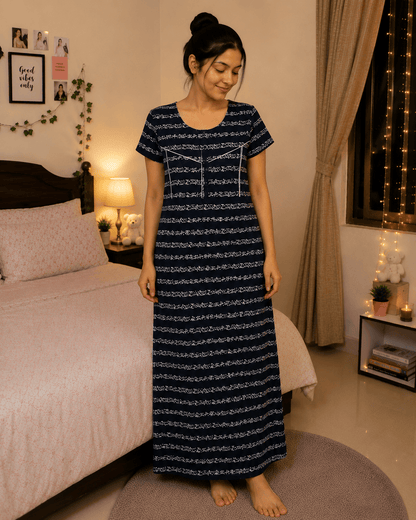 Navy Blue Floral Stripe Dreamscape Nighty for Women 2XL Onezeros.in