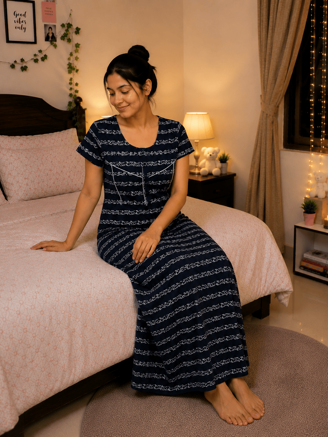 Navy Blue Floral Stripe Dreamscape Nighty for Women 2XL Onezeros.in