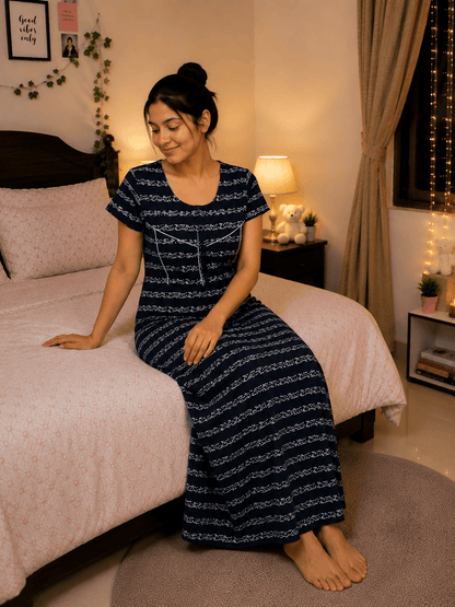 Navy Blue Floral Stripe Dreamscape Nighty for Women 2XL Onezeros.in