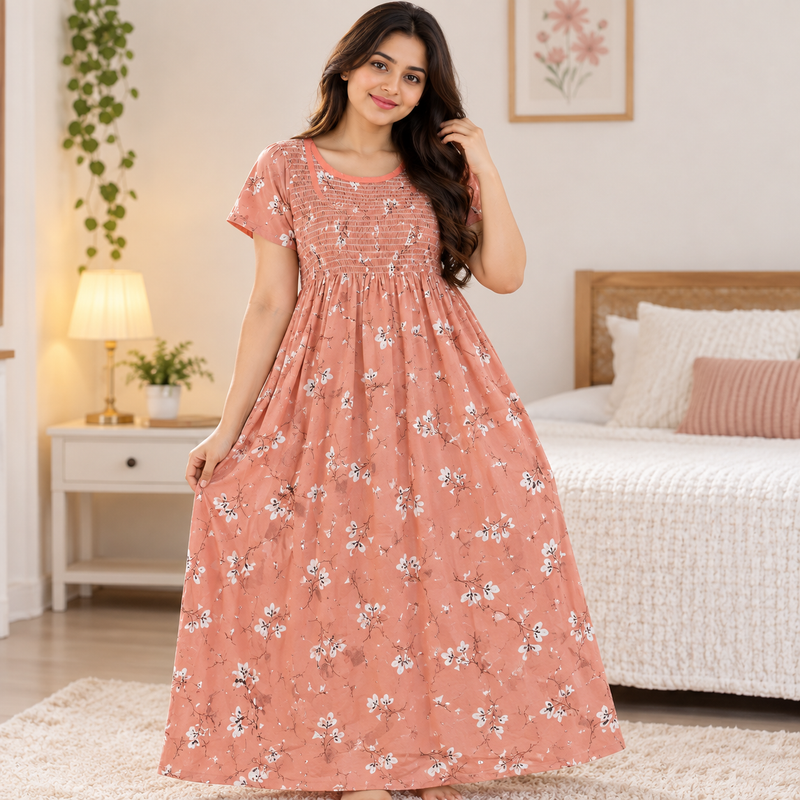 Peach floral stretchable women’s nighty with smocked chest and one side pocket