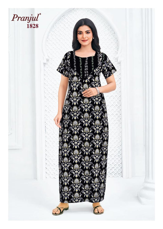 Pranjul Black with Light Yellowish Floral Pattern Cotton Nighty XL Onezeros.in