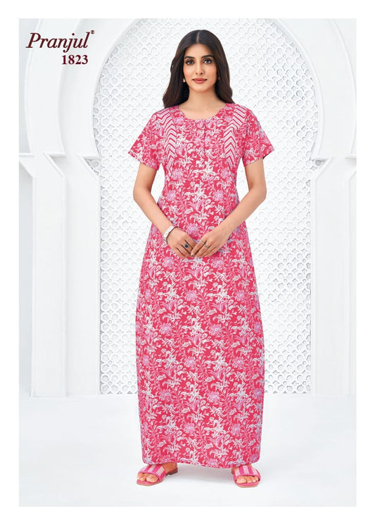Pranjul Cerise Red Floral Elegance Cotton Nighty XL Onezeros.in