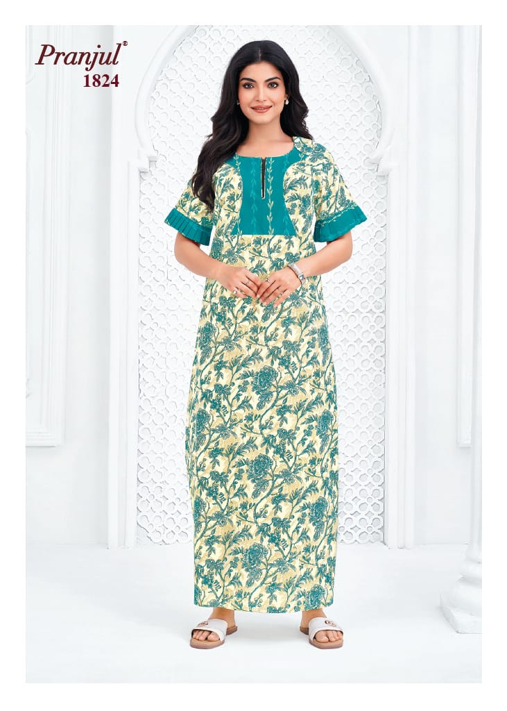 Pranjul Creamy Vanilla and Cyan Floral Harmony Cotton Nighty XL Onezeros.in