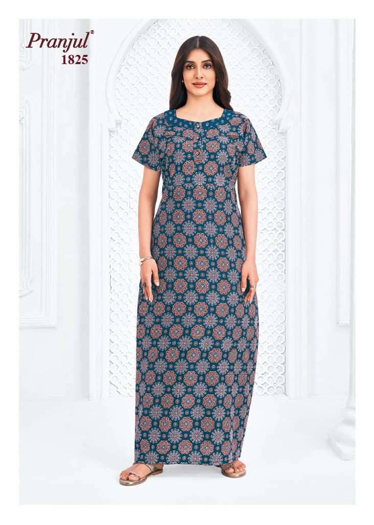 Pranjul Dark Cyan Color Ajrakh Print Cotton Nighty XL Onezeros.in