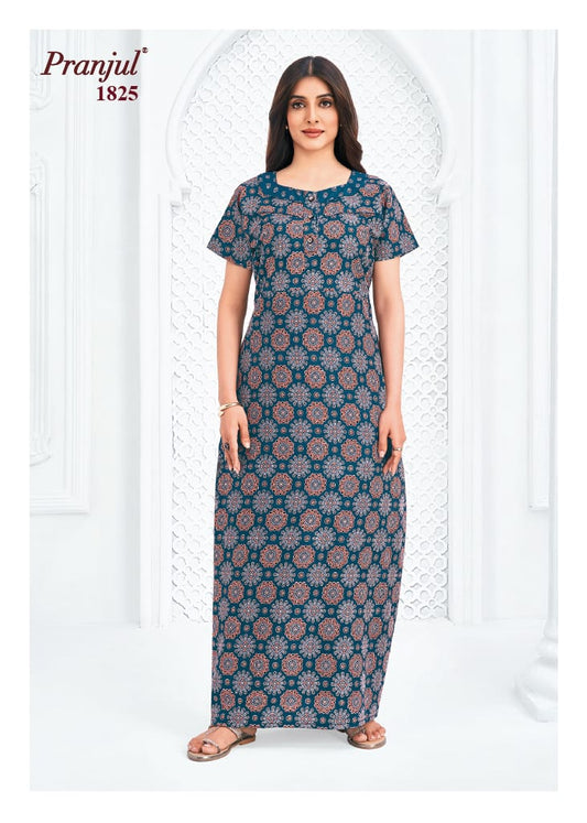 Pranjul Dark Cyan Color Ajrakh Print Cotton Nighty XL Onezeros.in