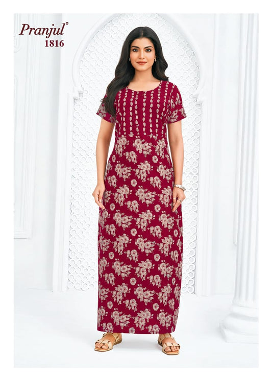 Pranjul Elegant Maroon Floral Cotton Nighty XL Onezeros.in