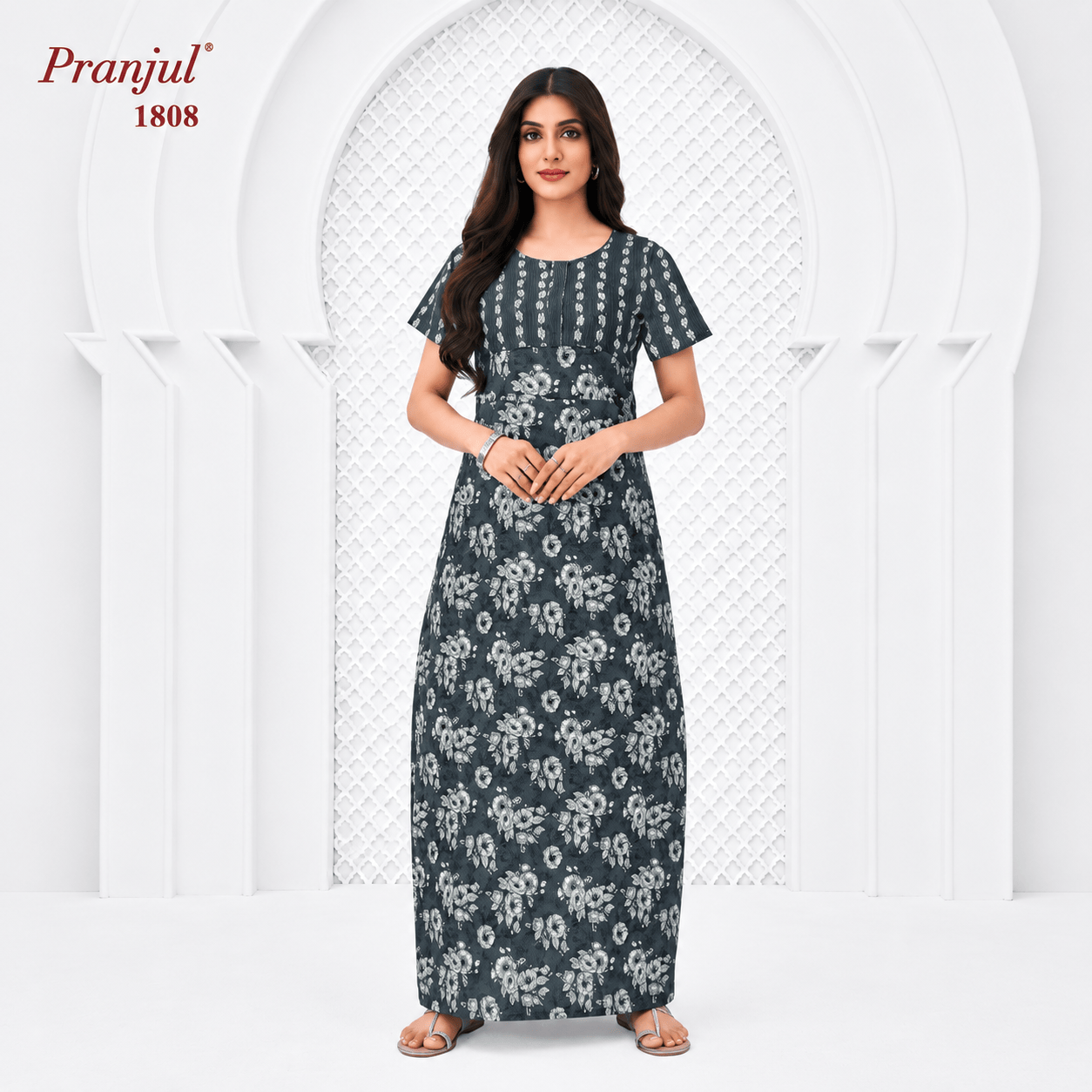 Pranjul Gray Color Floral Pattern Cotton Nighty XL Onezeros.in