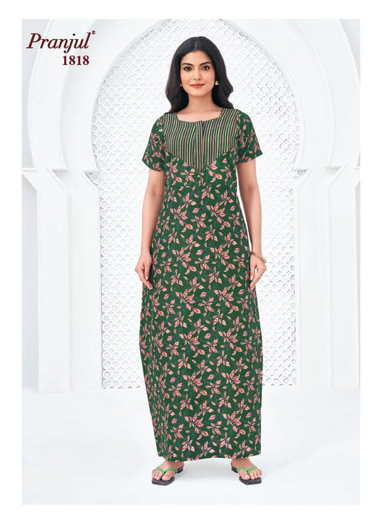 Pranjul Green Color Floral Cotton Nighty -1818 XL Onezeros.in