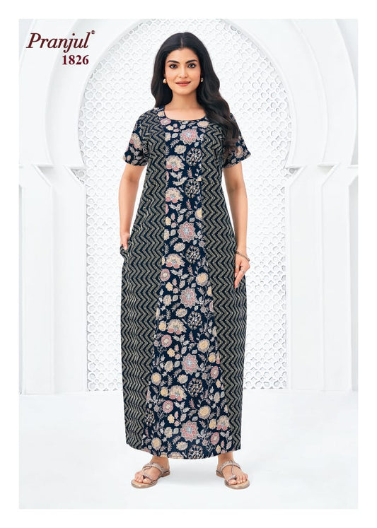 Pranjul Navy Blue Color Wave Pattern Cotton Nighty XL Onezeros.in