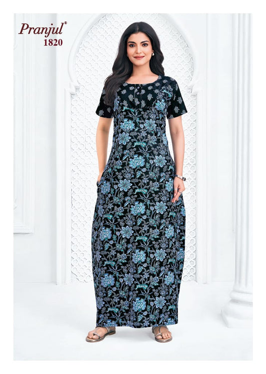 Pranjul Noir & Azure Floral Print Cotton Nighty XL Onezeros.in