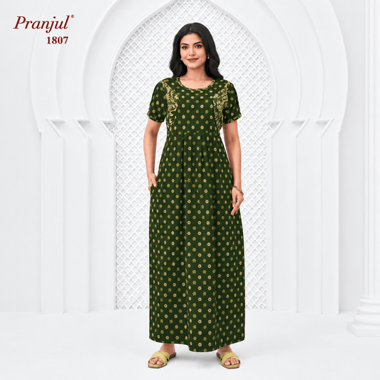 Pranjul Olive Green Color Cotton Nighty XL Onezeros.in