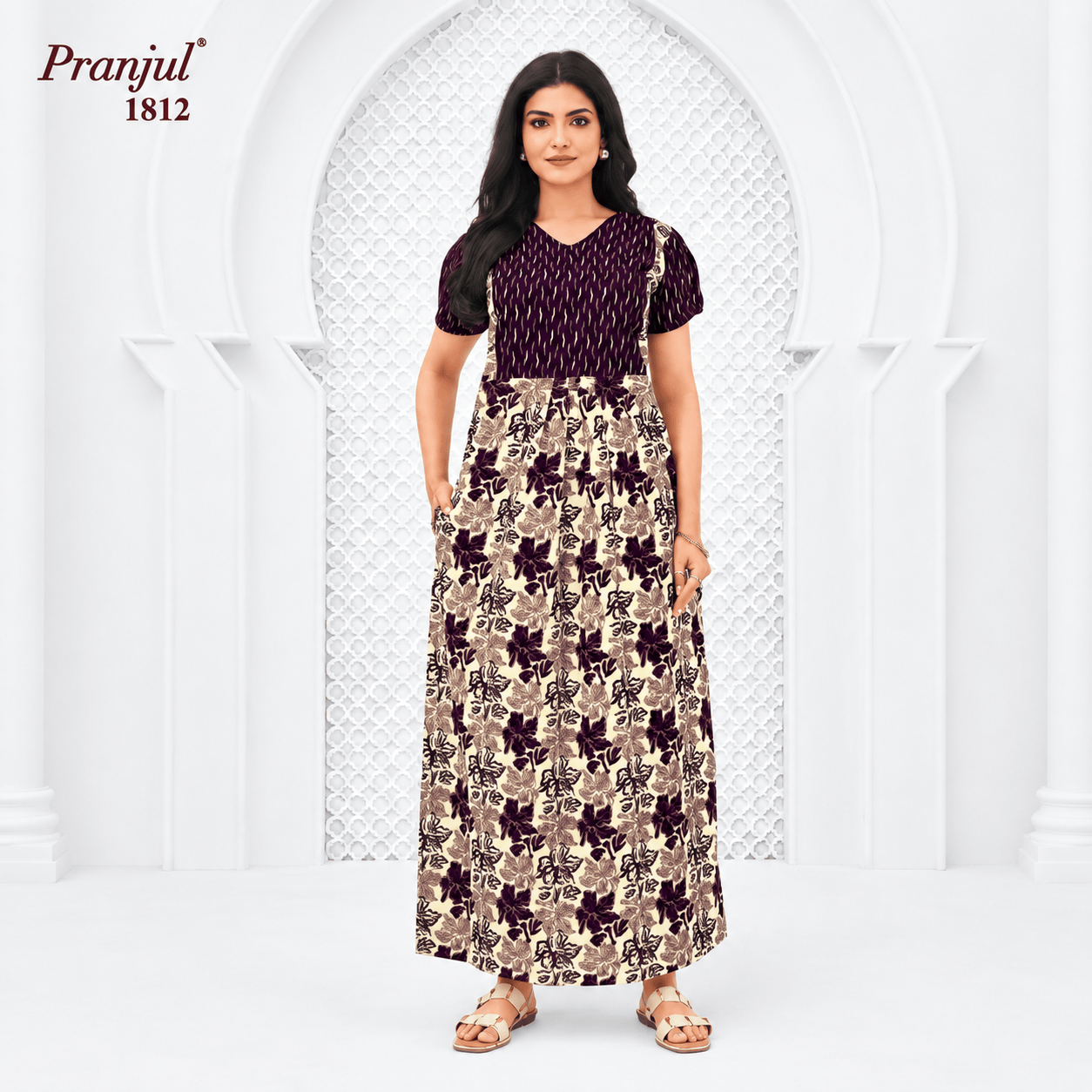 Pranjul Purple Color Floral Pattern Cotton Nighty XL Onezeros.in