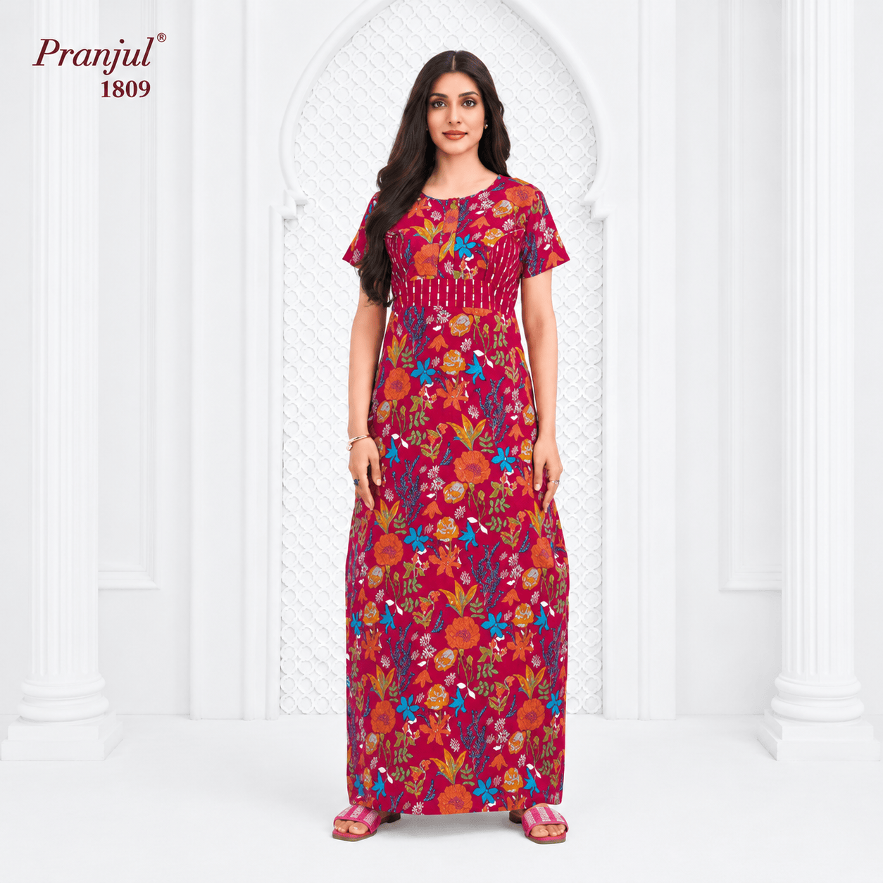 Pranjul Rose Red Floral Pattern Cotton Nighty Onezeros.in