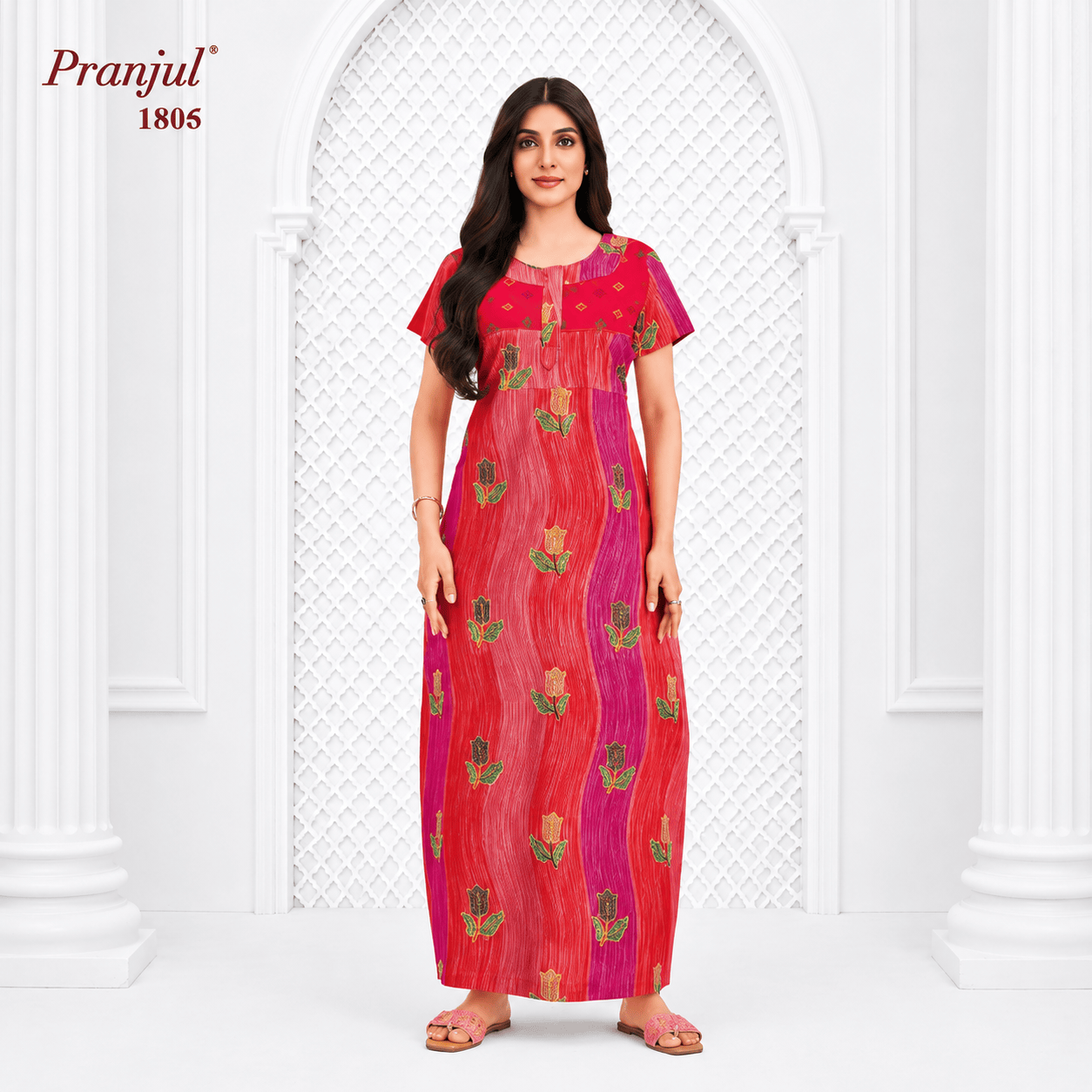 Pranjul Vibrant Red with Magenta Color Cotton Nighty XL Onezeros.in
