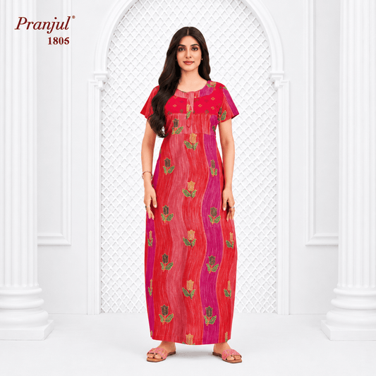 Pranjul Vibrant Red with Magenta Color Cotton Nighty XL Onezeros.in