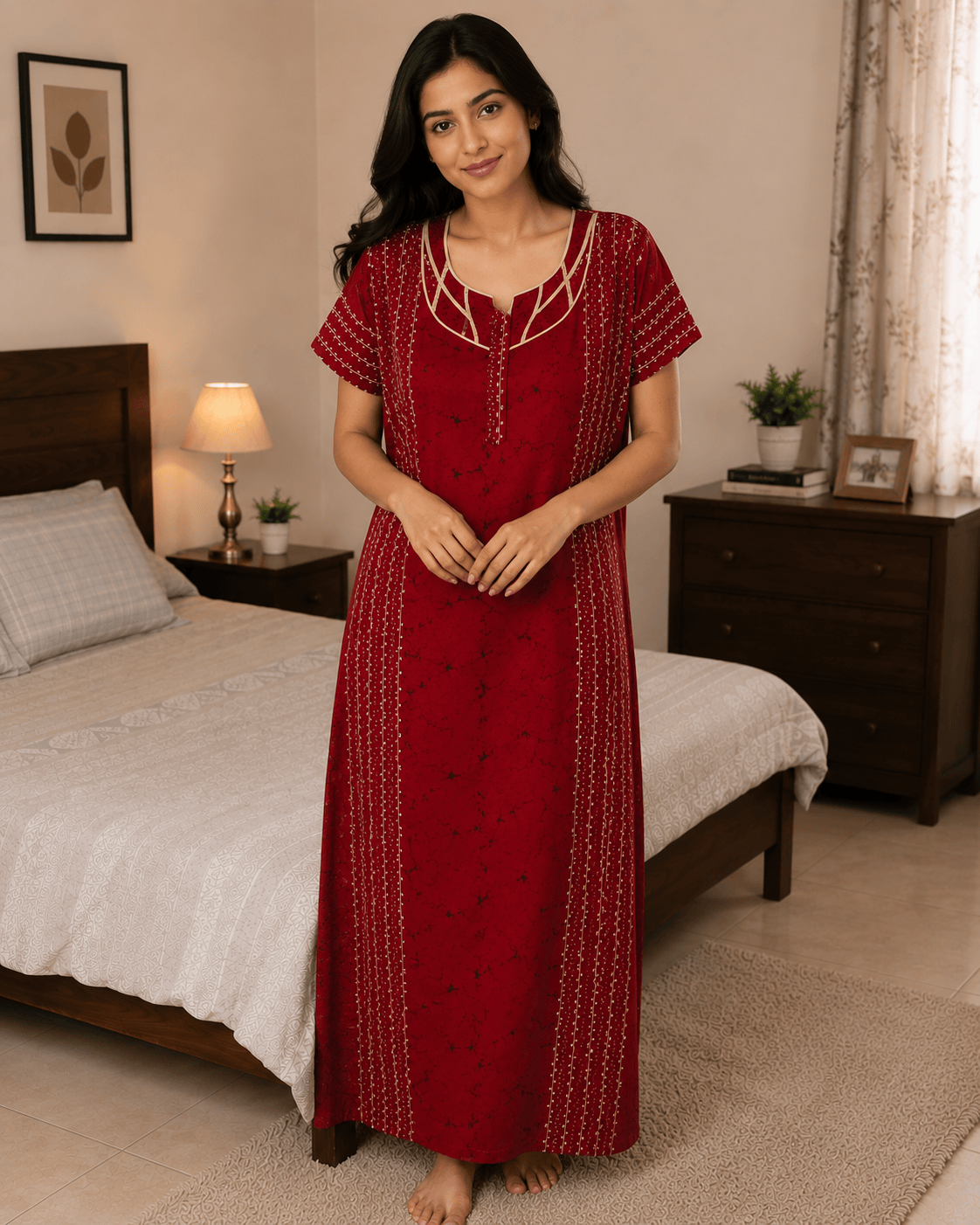 Red Quilt Intricate Pattern Nighty for Women XL Onezeros.in
