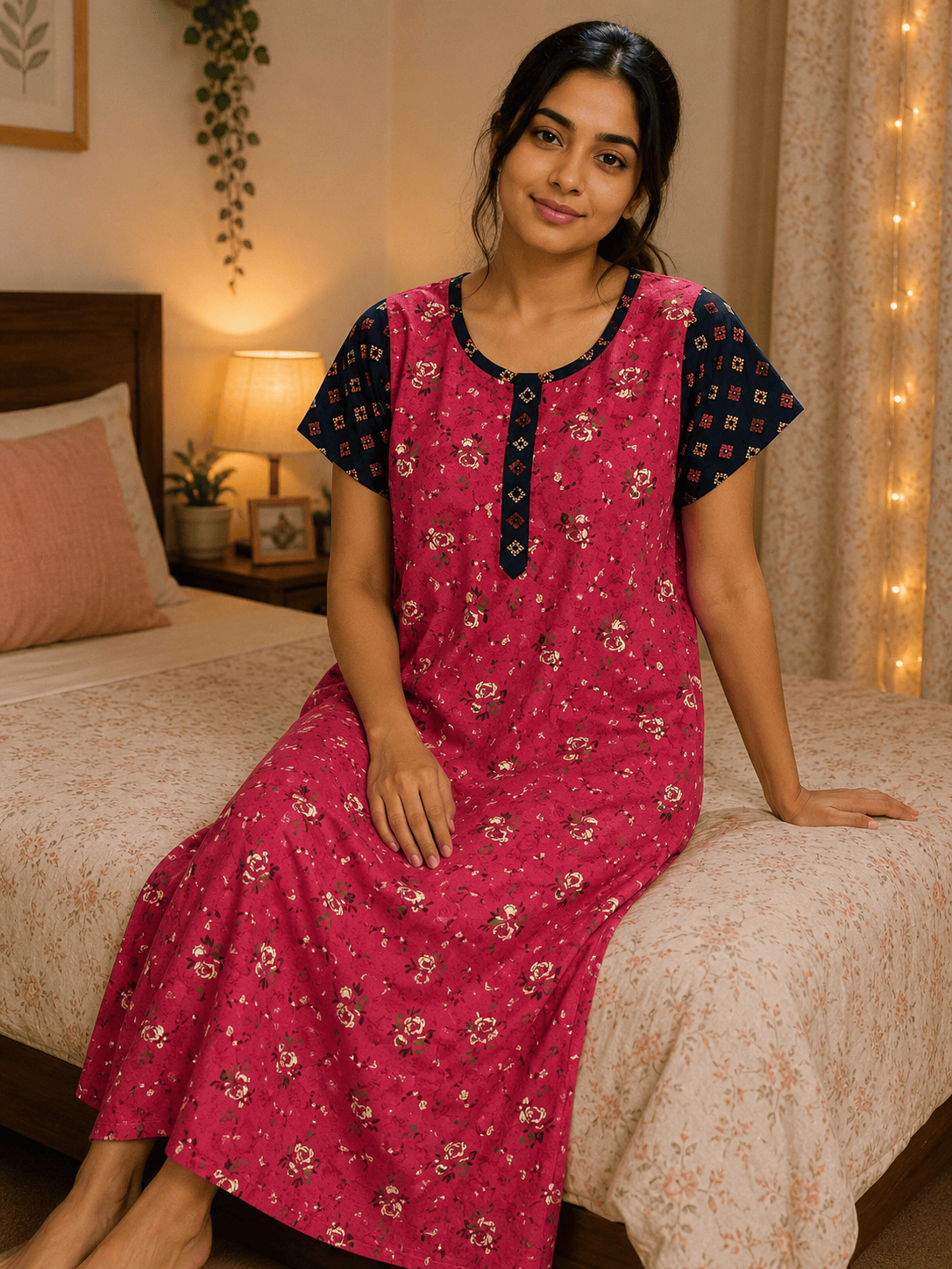Red Rose Floral Pattern Nighty 2XL Onezeros.in