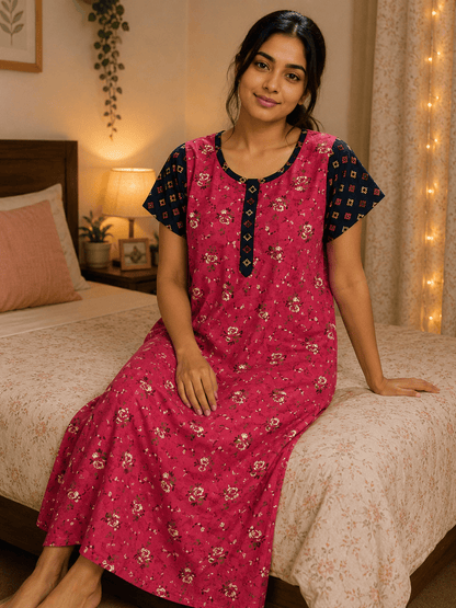 Red Rose Floral Pattern Nighty 2XL Onezeros.in