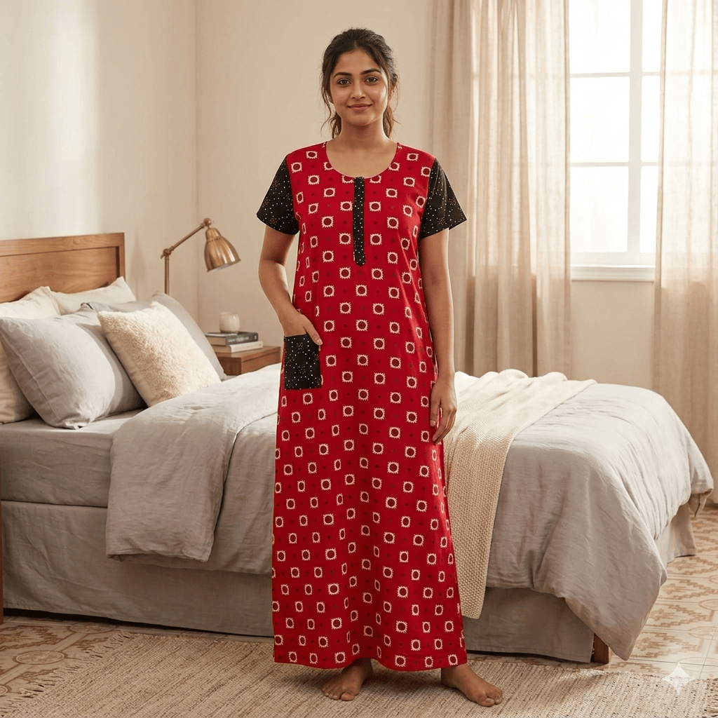 Red with black accents Pattern Nighty Onezeros.in