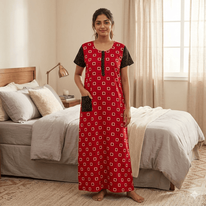 Red with black accents Pattern Nighty Onezeros.in