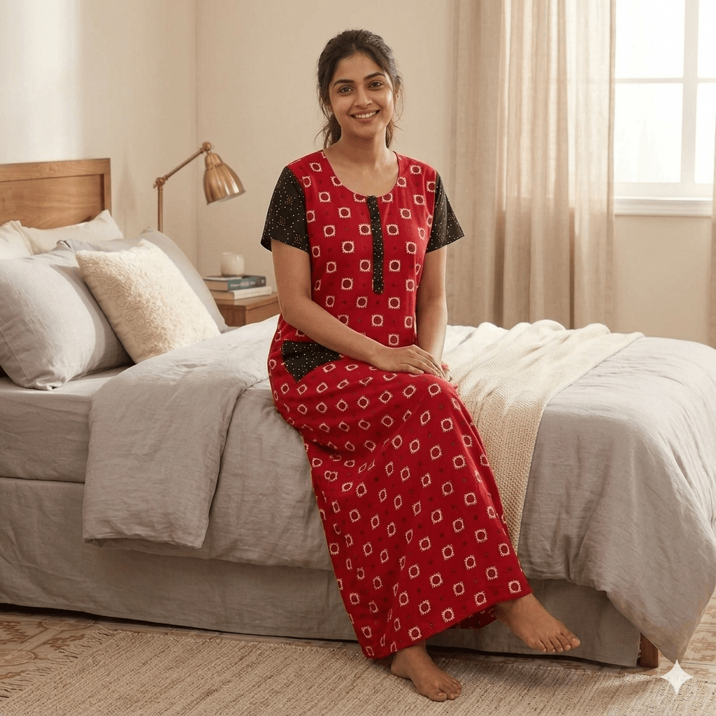 Red with black accents Pattern Nighty Onezeros.in