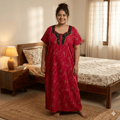 Red with Black Floral Pattern Big Size Nighty Onezeros.in