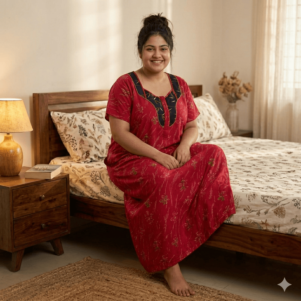 Red with Black Floral Pattern Big Size Nighty Onezeros.in
