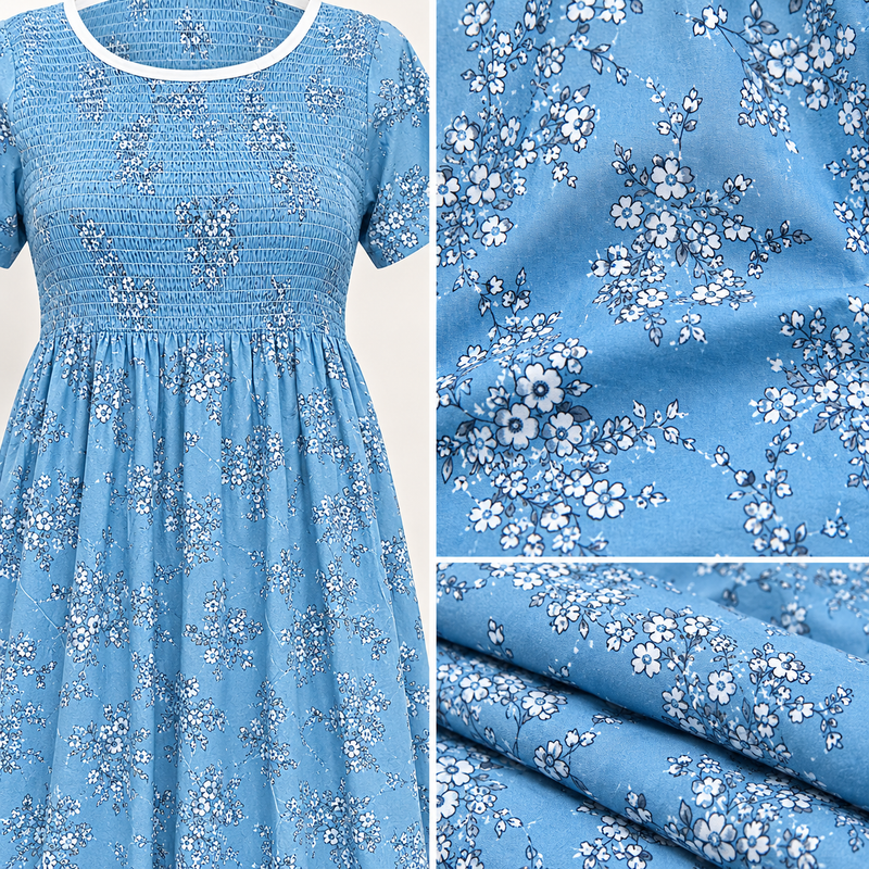 Veni's blue floral printed nighty fabric and pattern close-up