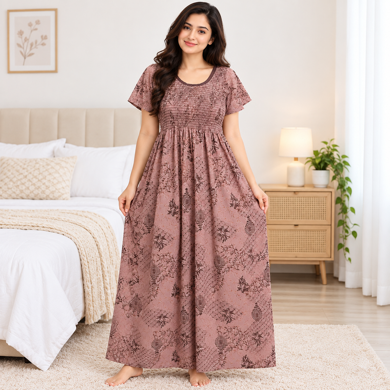 Veni's Dusty Mauve floral printed women's nighty front view