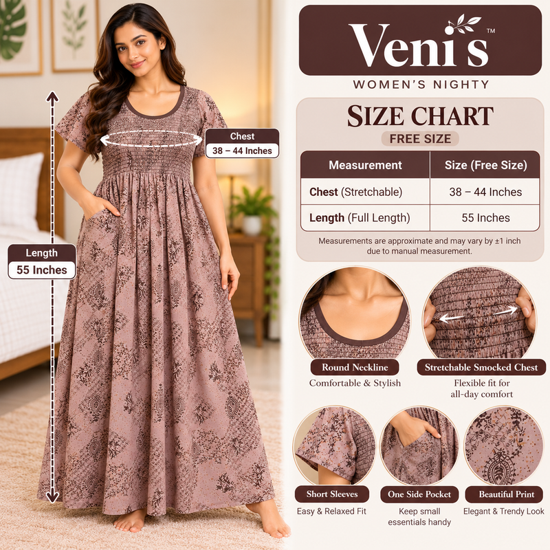 Veni's Dusty Mauve women's nighty Free Size chart