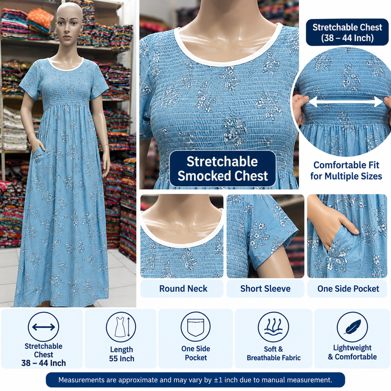 Veni's floral nighty with stretchable chest and one side pocket