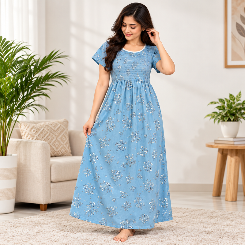 Veni's floral printed women's nighty in blue front view