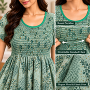 Veni's Mint Green floral nighty pattern and stretchable smocked chest