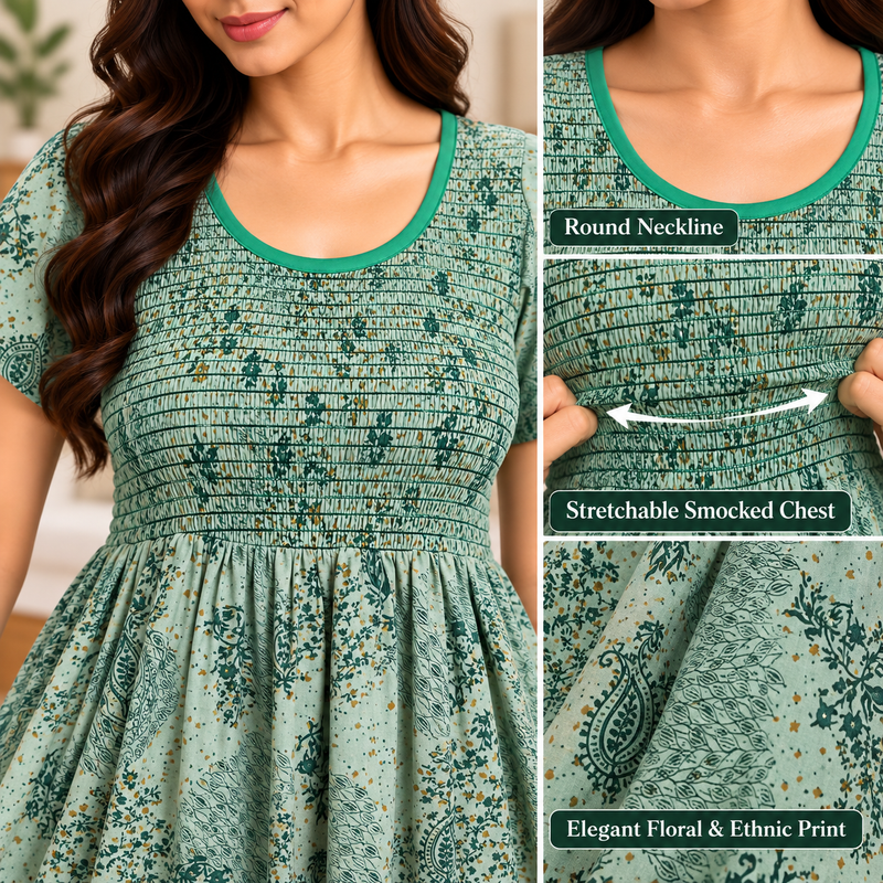 Veni's Mint Green floral nighty pattern and stretchable smocked chest