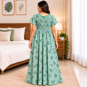 Veni's Mint Green floral printed women's nighty back view