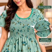 Veni's Mint Green nighty with round neckline and stretchable smocked chest