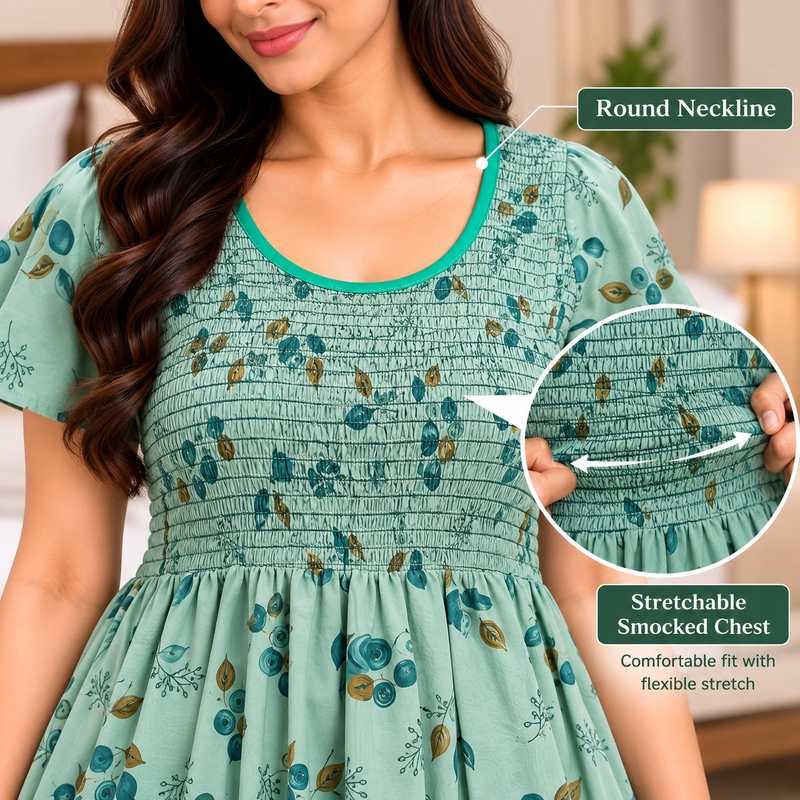 Veni's Mint Green nighty with round neckline and stretchable smocked chest