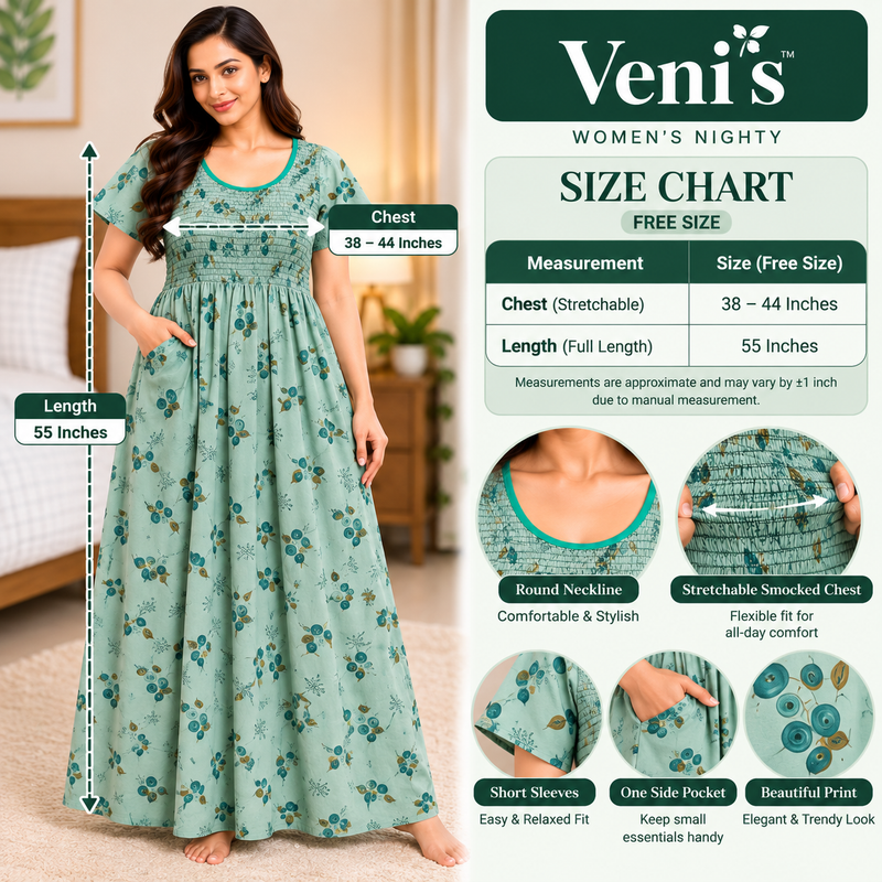Veni's Mint Green women's nighty Free Size size chart