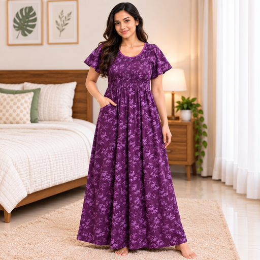 Veni's Plum Purple Floral Printed Stretchable Women's Nighty
