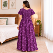 Veni's Plum Purple floral printed women's nighty back view