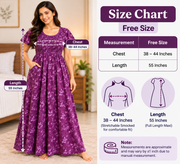 Veni's Plum Purple women's nighty Free Size chart with 38–44 inch chest and 55 inch length